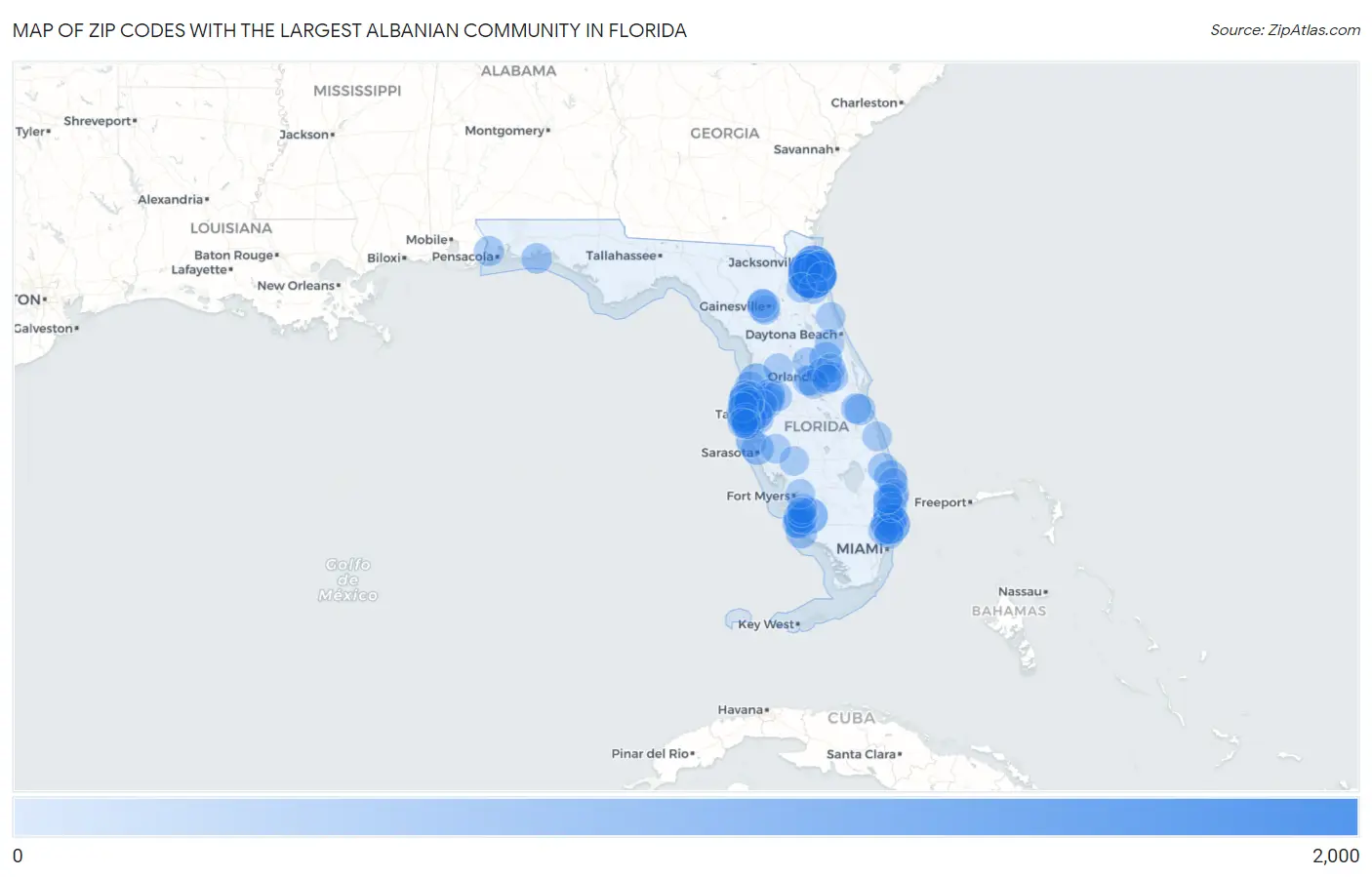 Zip Codes with the Largest Albanian Community in Florida Map