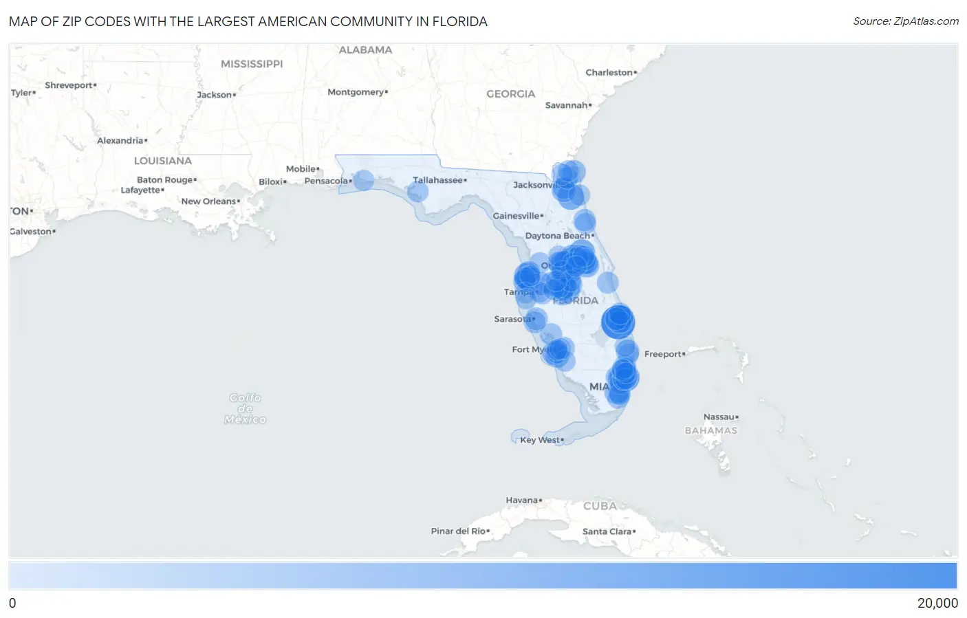 Zip Codes with the Largest American Community in Florida Map