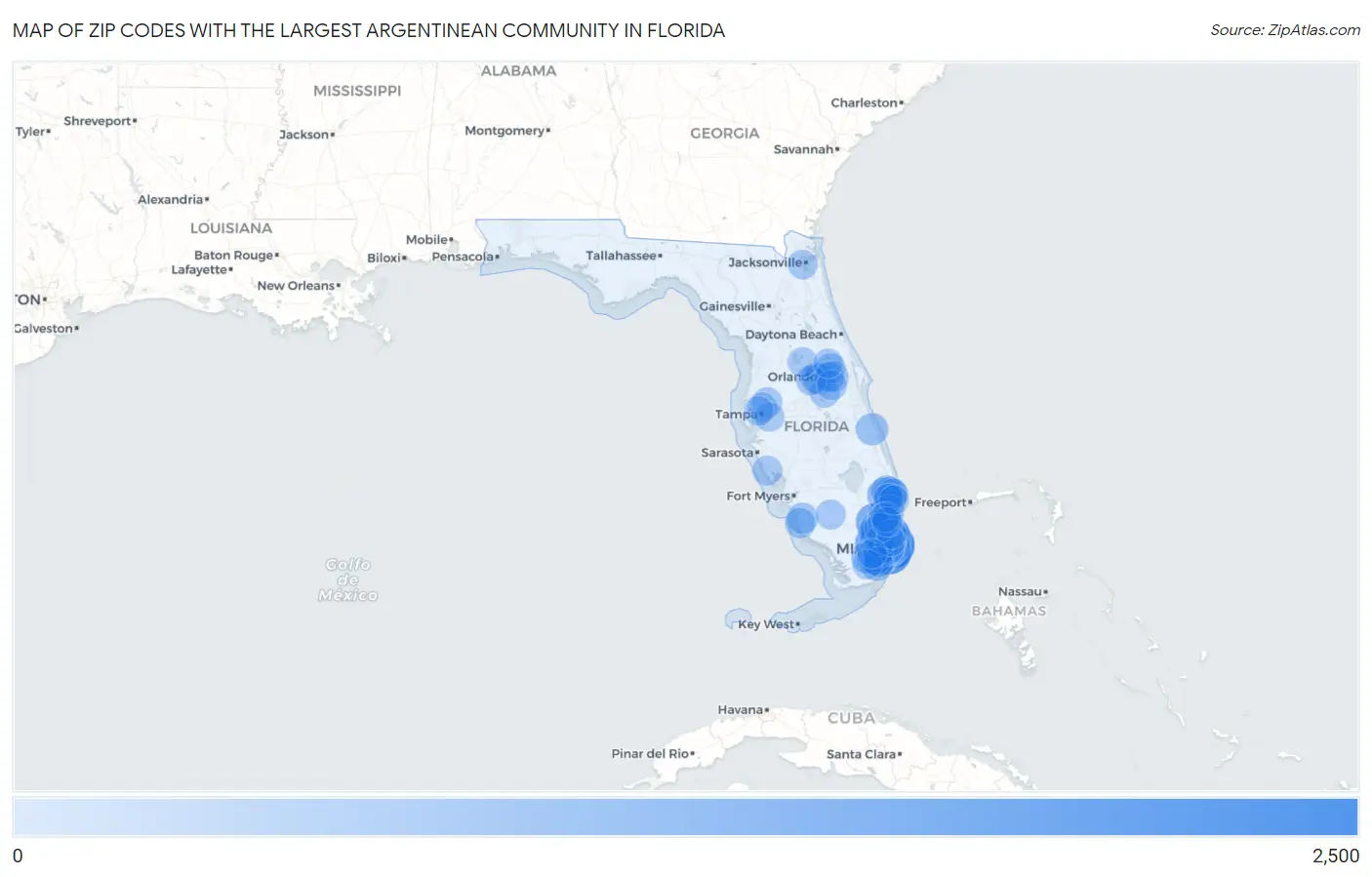 Zip Codes with the Largest Argentinean Community in Florida Map