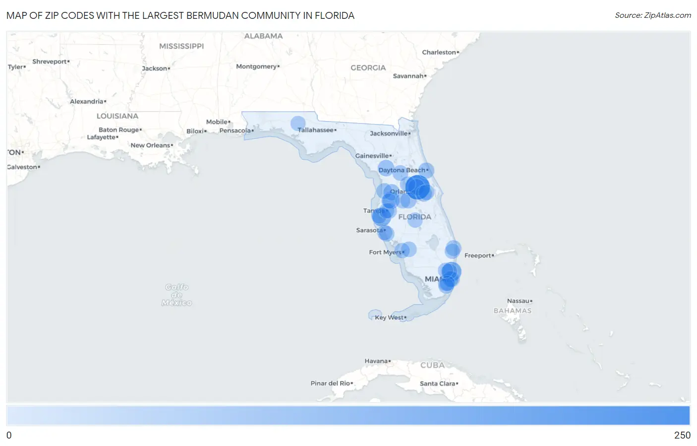 Zip Codes with the Largest Bermudan Community in Florida Map