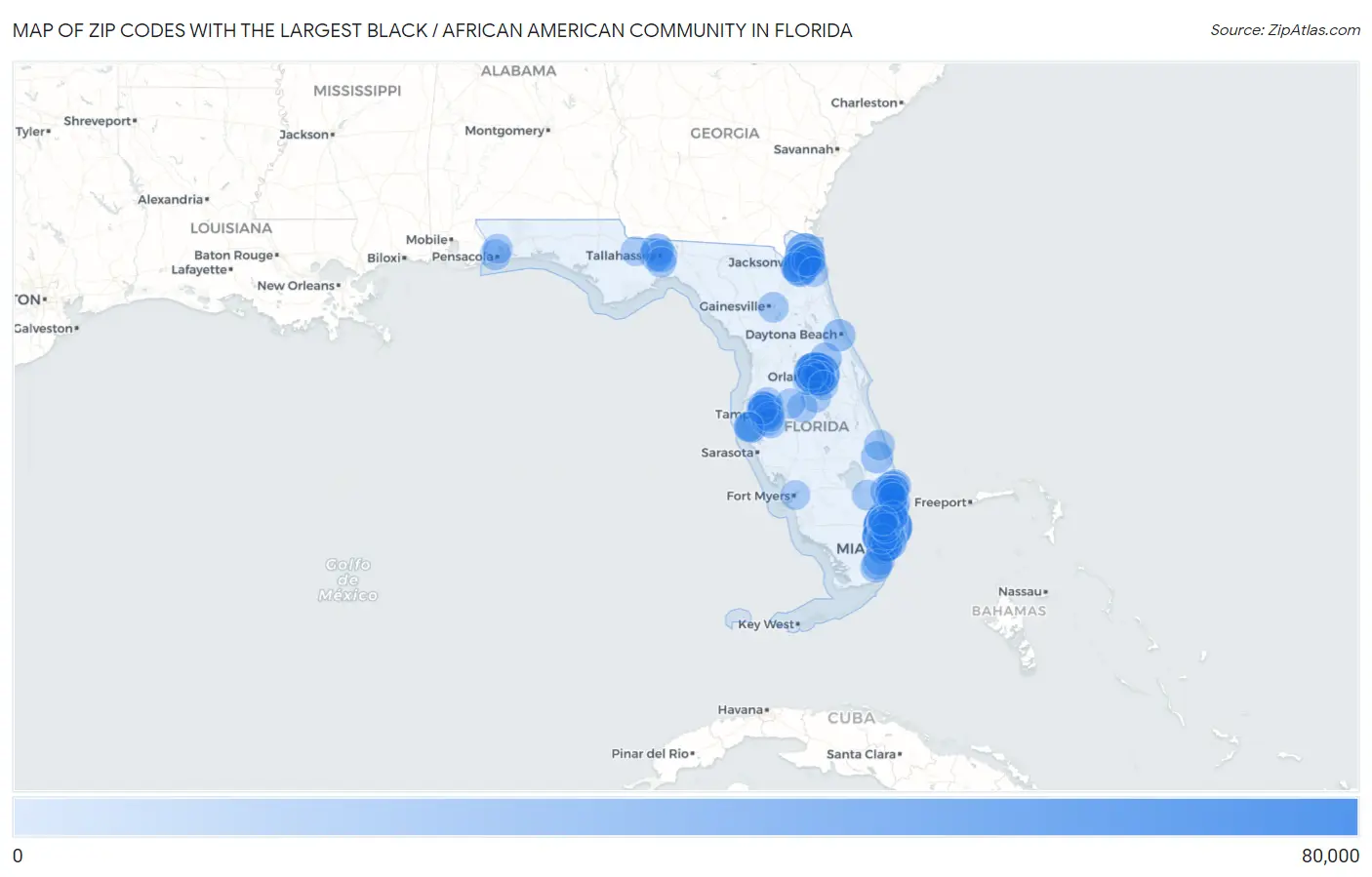 Zip Codes with the Largest Black / African American Community in Florida Map