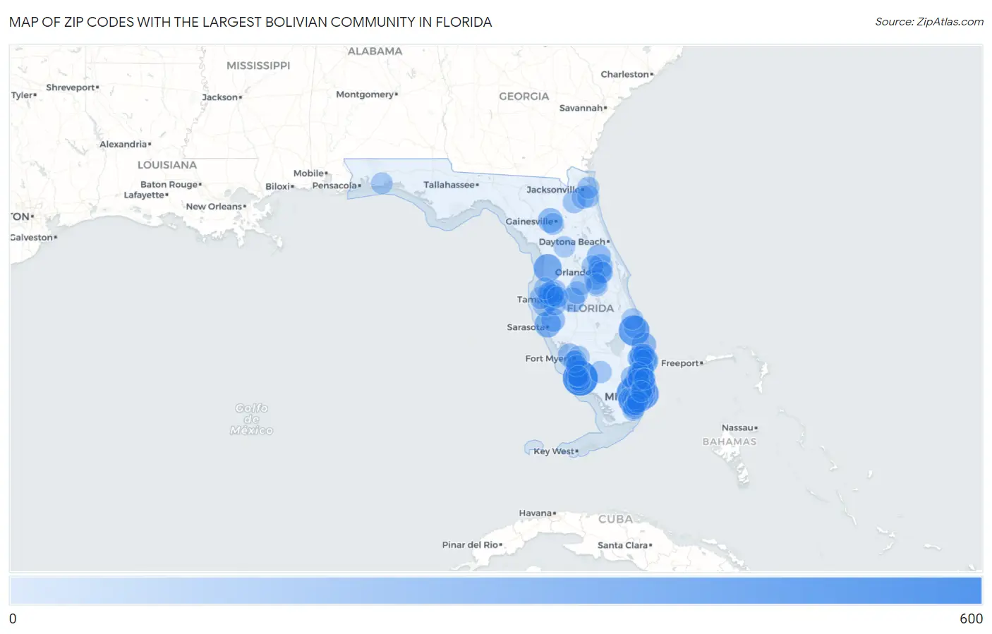 Zip Codes with the Largest Bolivian Community in Florida Map