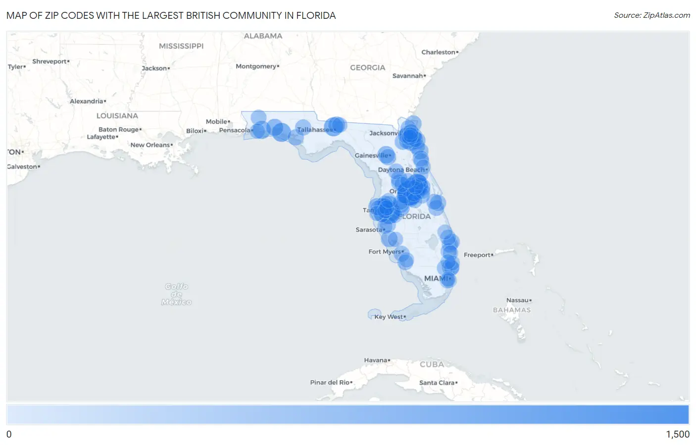 Zip Codes with the Largest British Community in Florida Map