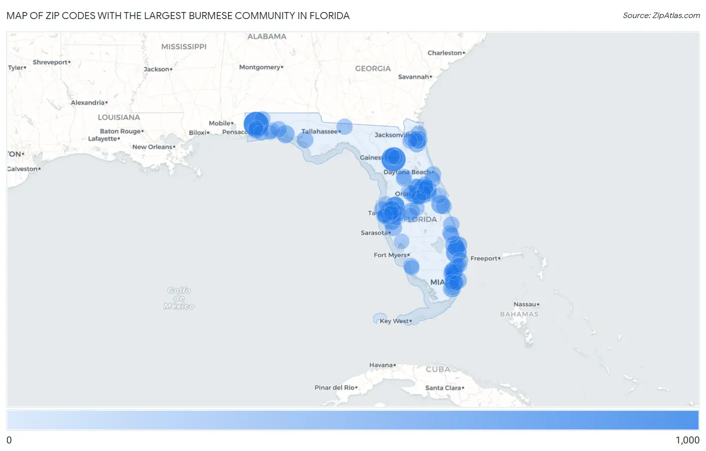 Zip Codes with the Largest Burmese Community in Florida Map