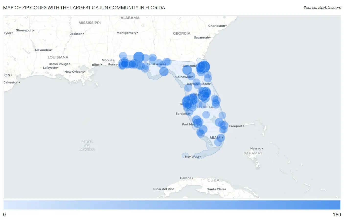 Zip Codes with the Largest Cajun Community in Florida Map