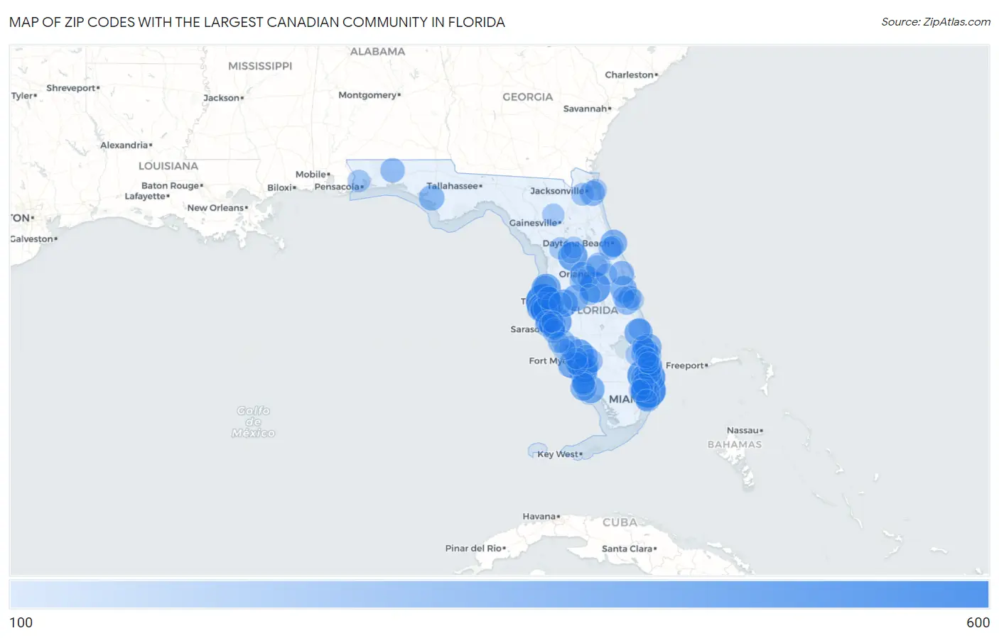 Zip Codes with the Largest Canadian Community in Florida Map