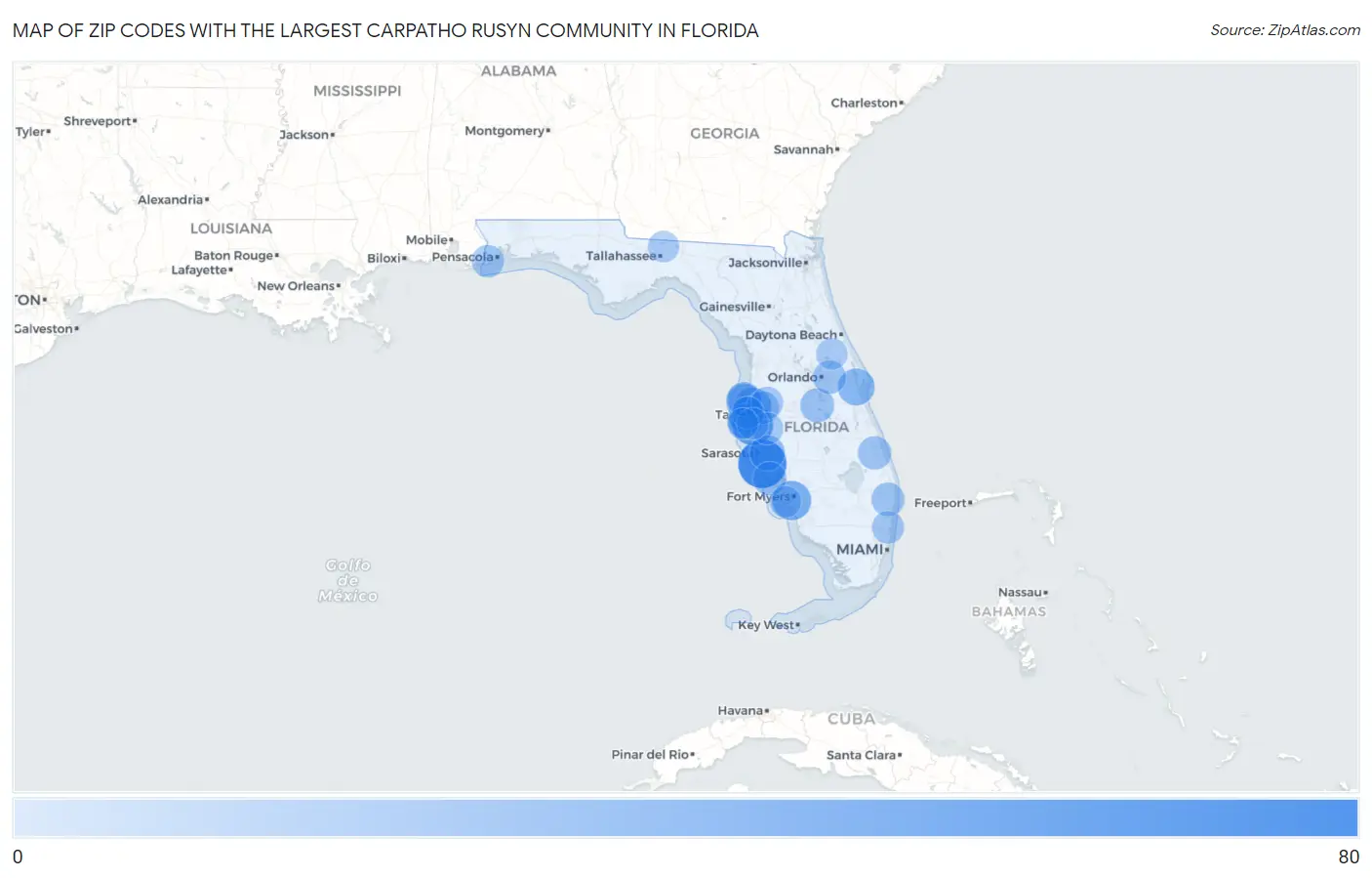 Zip Codes with the Largest Carpatho Rusyn Community in Florida Map