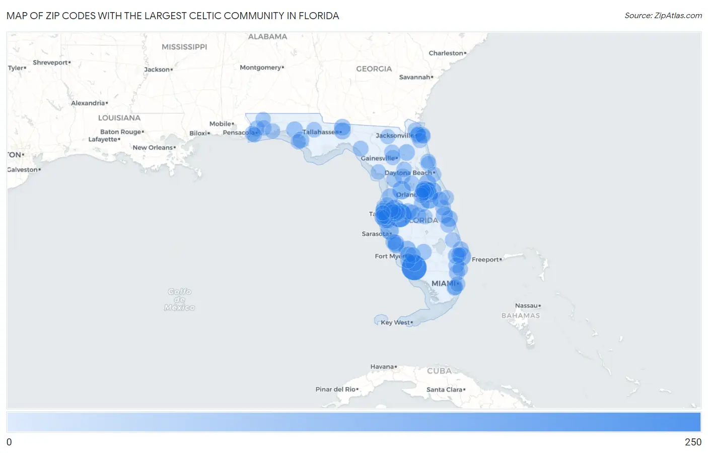Zip Codes with the Largest Celtic Community in Florida Map