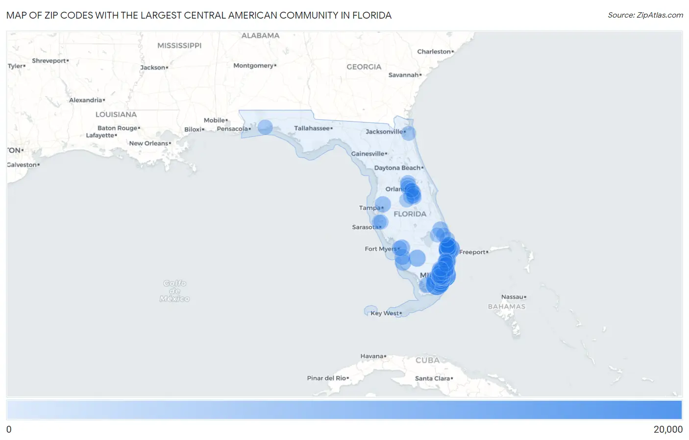 Zip Codes with the Largest Central American Community in Florida Map
