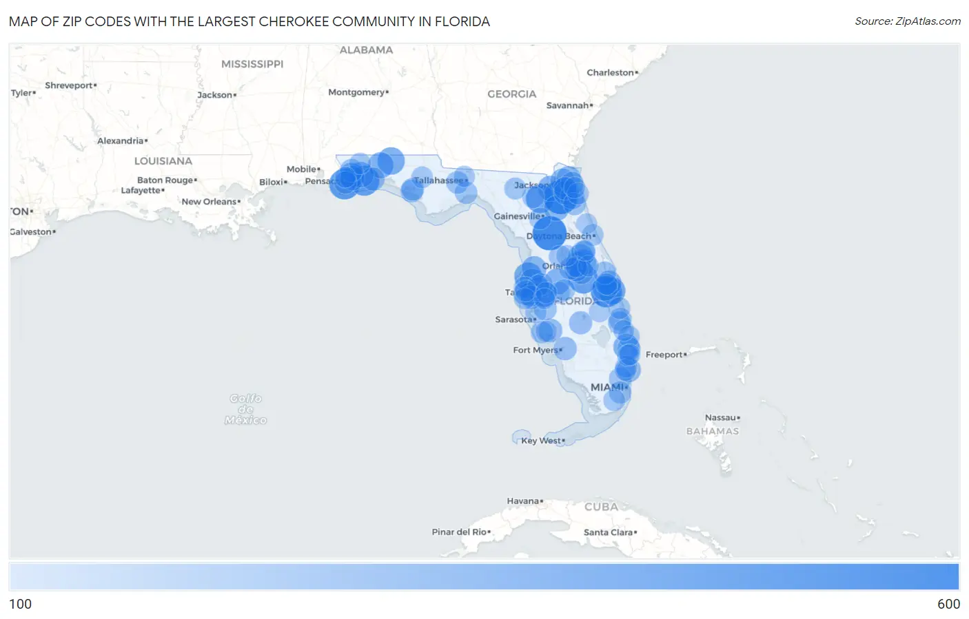 Zip Codes with the Largest Cherokee Community in Florida Map