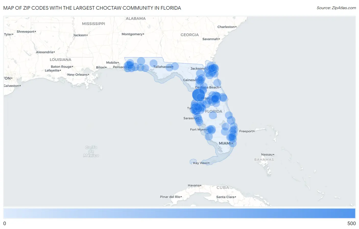 Zip Codes with the Largest Choctaw Community in Florida Map