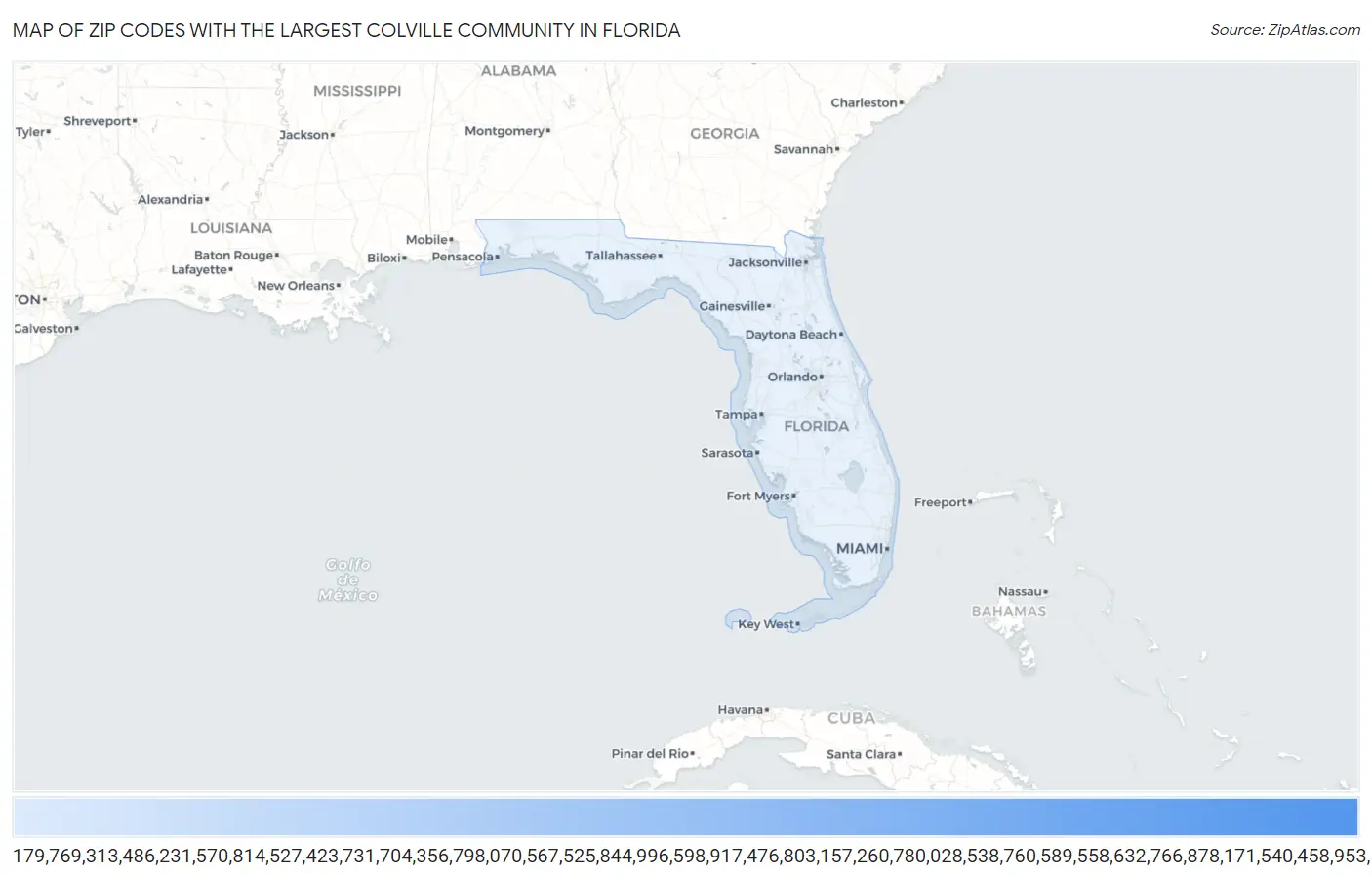 Zip Codes with the Largest Colville Community in Florida Map