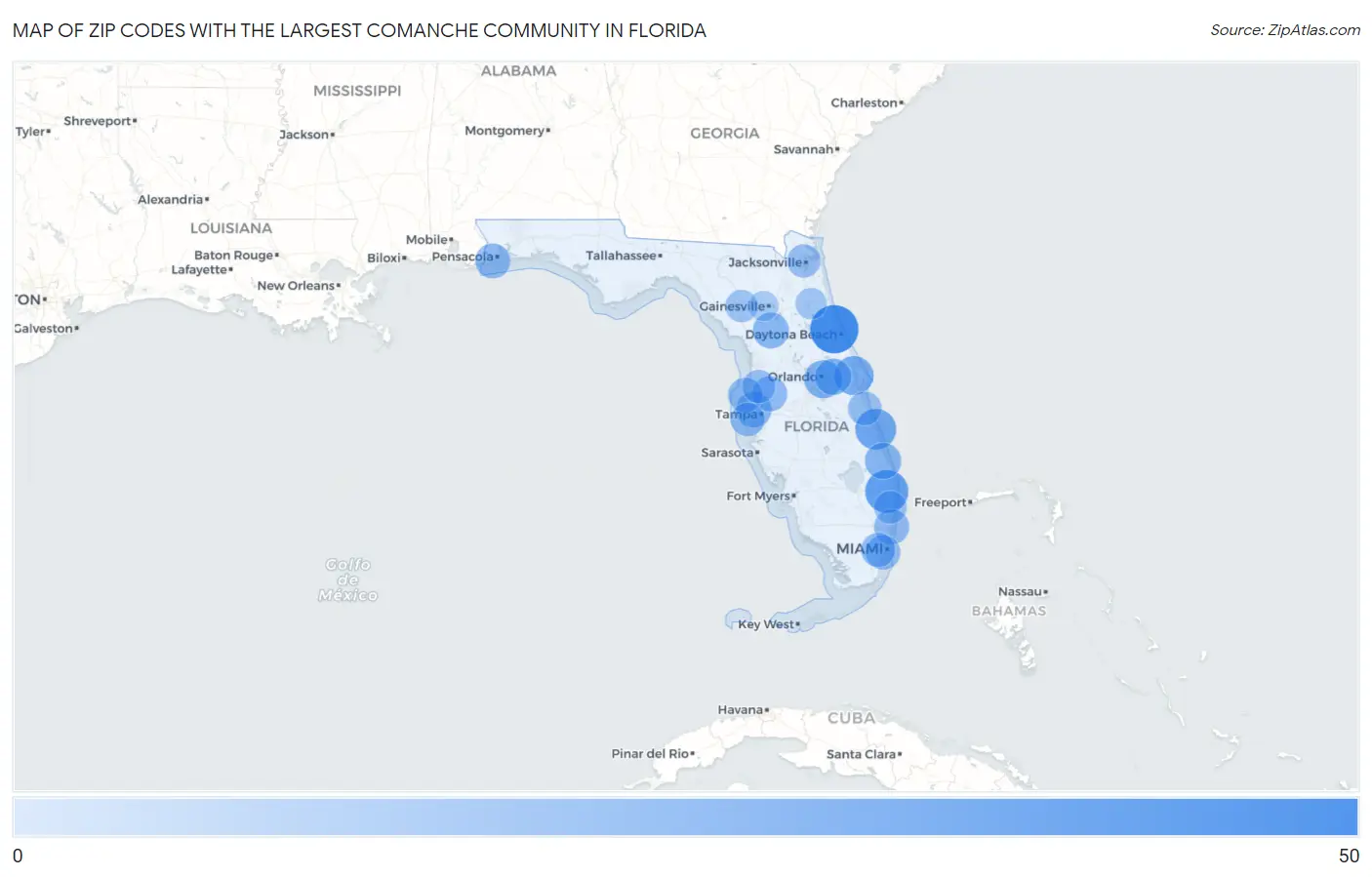 Zip Codes with the Largest Comanche Community in Florida Map