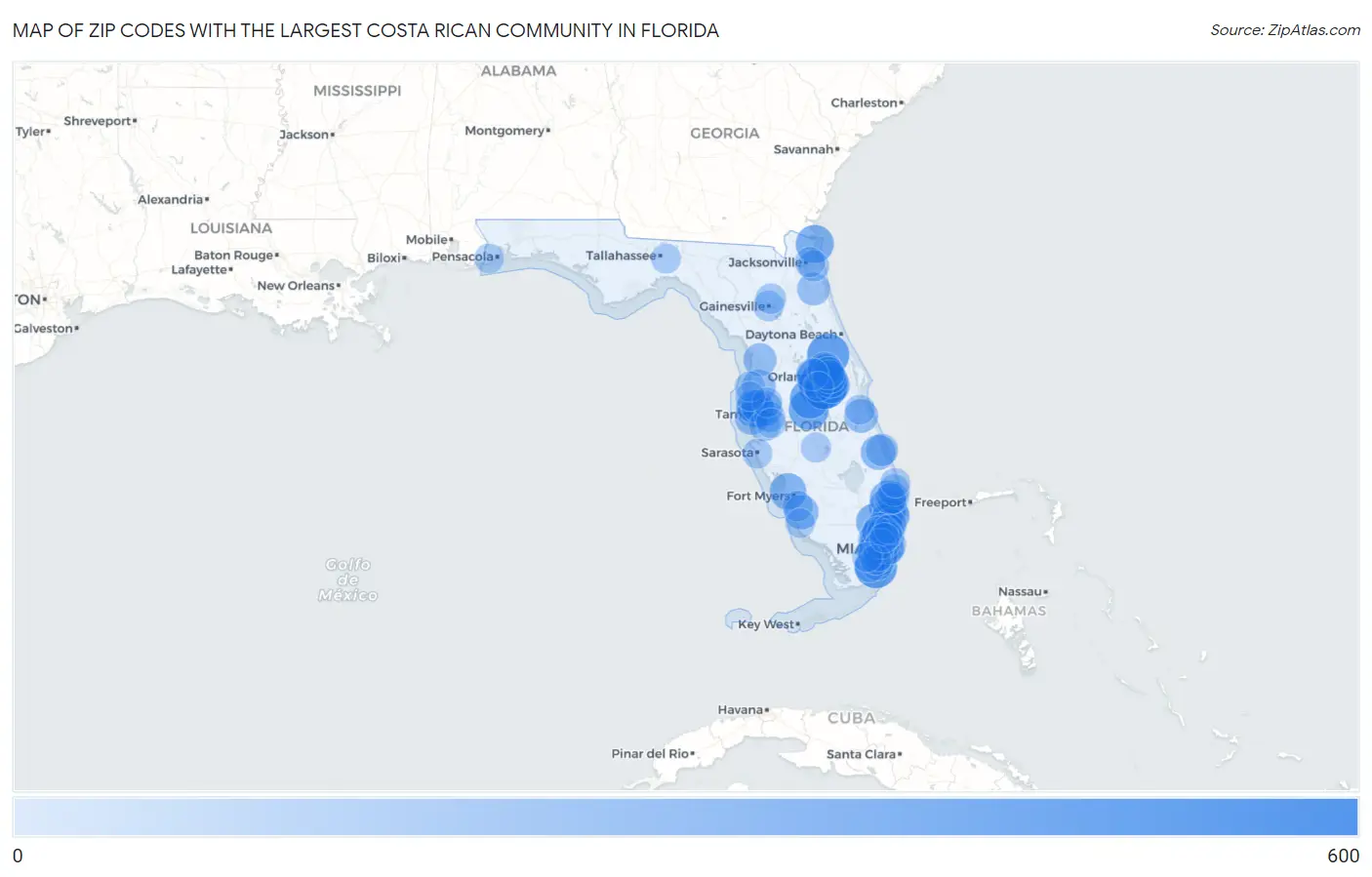 Zip Codes with the Largest Costa Rican Community in Florida Map