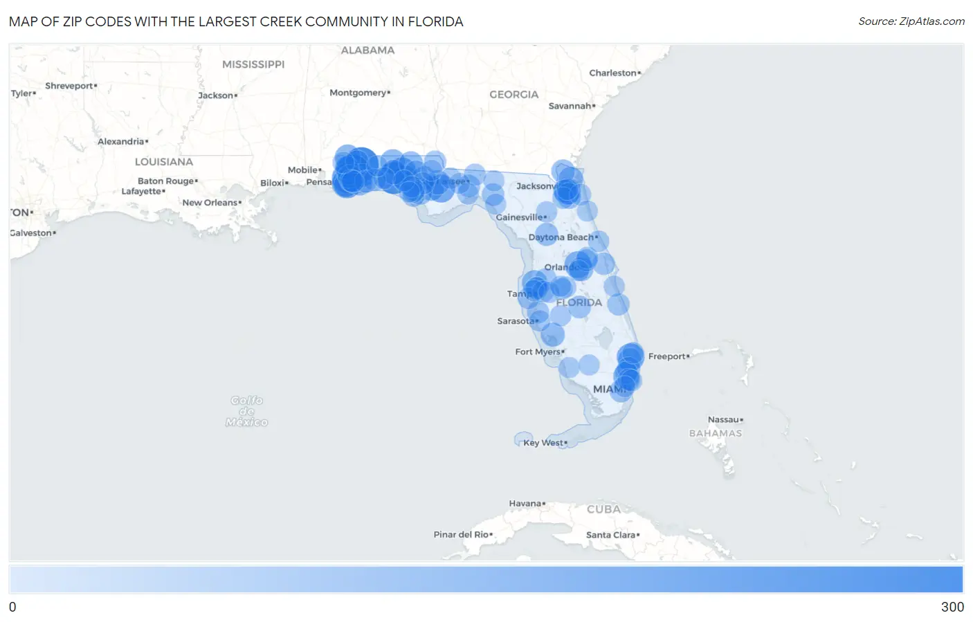 Zip Codes with the Largest Creek Community in Florida Map