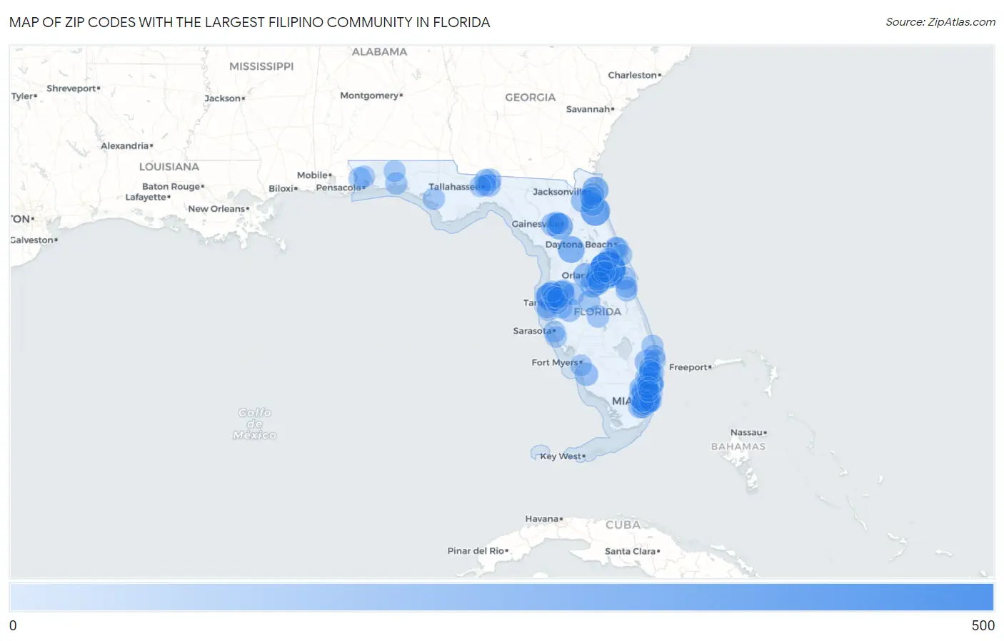 Zip Codes with the Largest Filipino Community in Florida Map