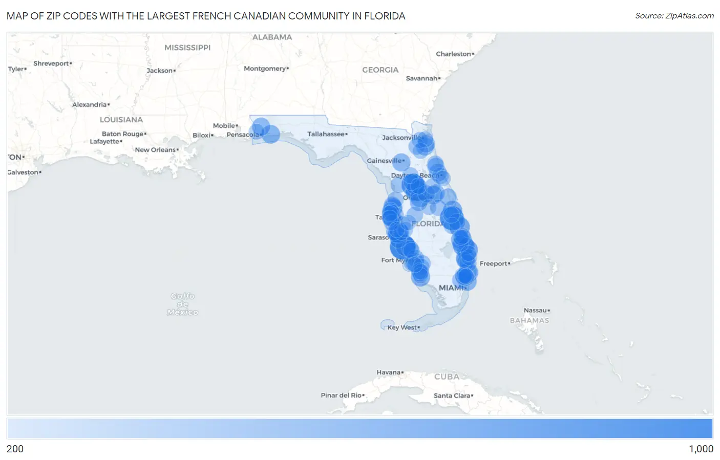 Zip Codes with the Largest French Canadian Community in Florida Map