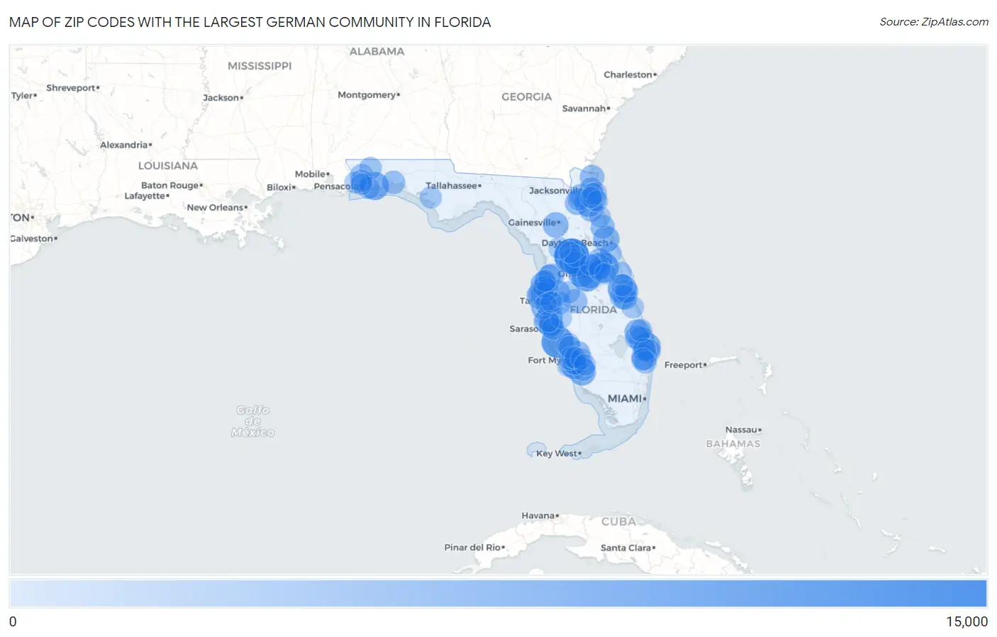 Zip Codes with the Largest German Community in Florida Map