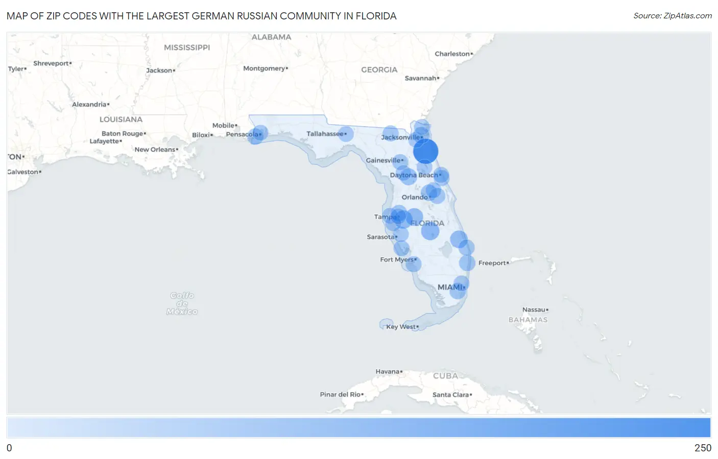 Zip Codes with the Largest German Russian Community in Florida Map