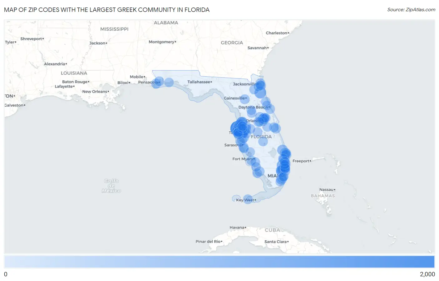Zip Codes with the Largest Greek Community in Florida Map
