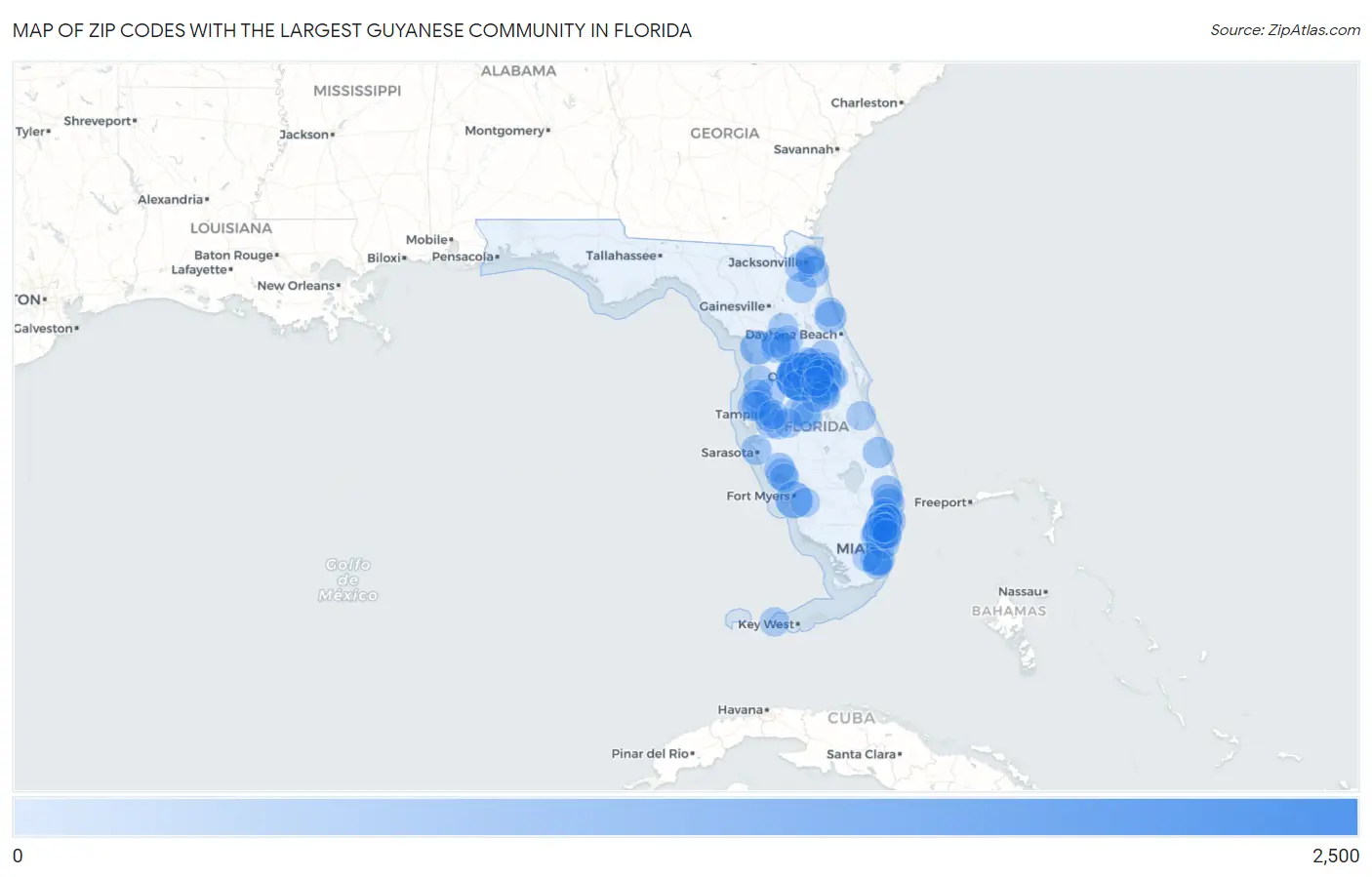 Zip Codes with the Largest Guyanese Community in Florida Map