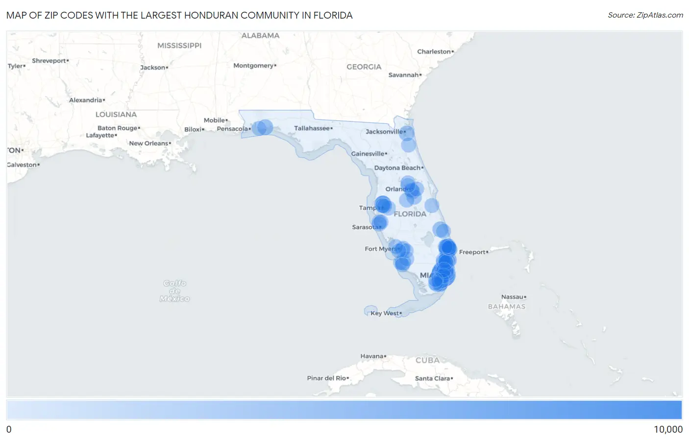 Zip Codes with the Largest Honduran Community in Florida Map
