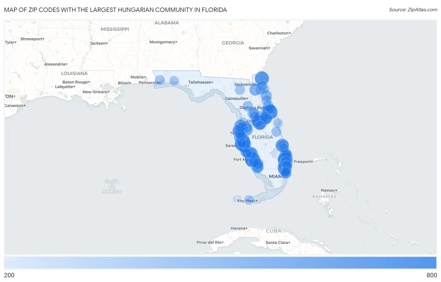 Zip Codes with the Largest Hungarian Community in Florida Map