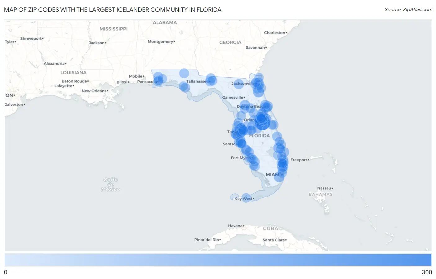 Zip Codes with the Largest Icelander Community in Florida Map