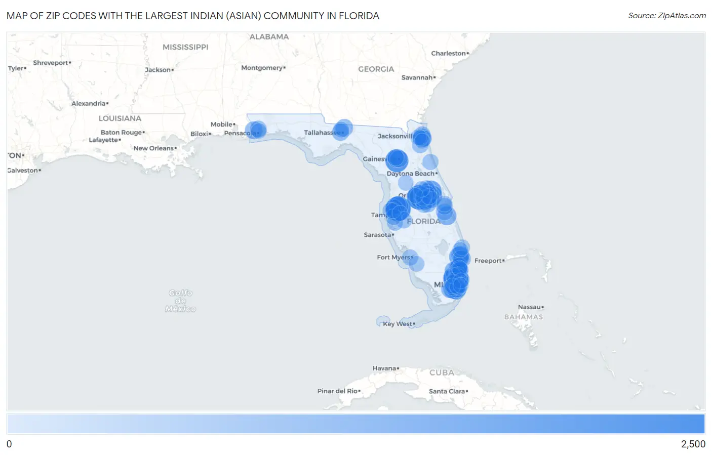 Zip Codes with the Largest Indian (Asian) Community in Florida Map
