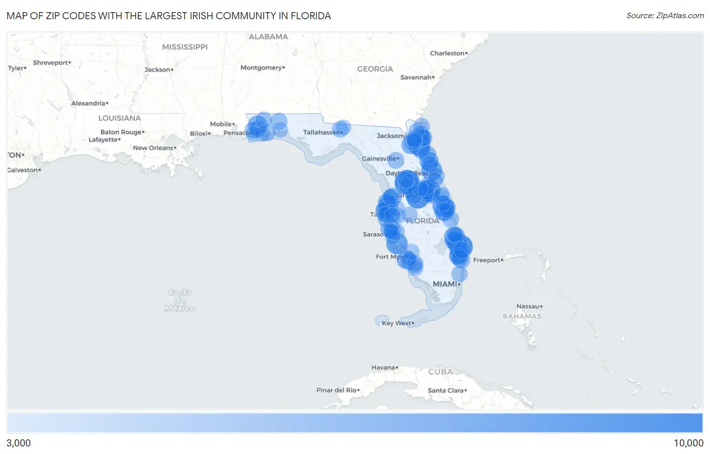 Zip Codes with the Largest Irish Community in Florida Map