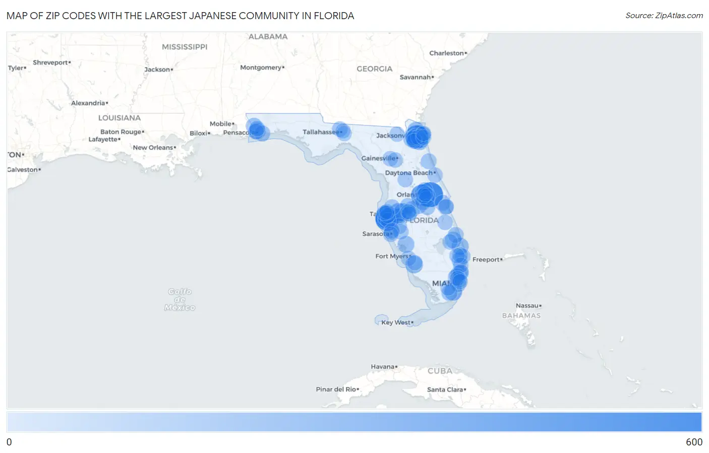 Zip Codes with the Largest Japanese Community in Florida Map