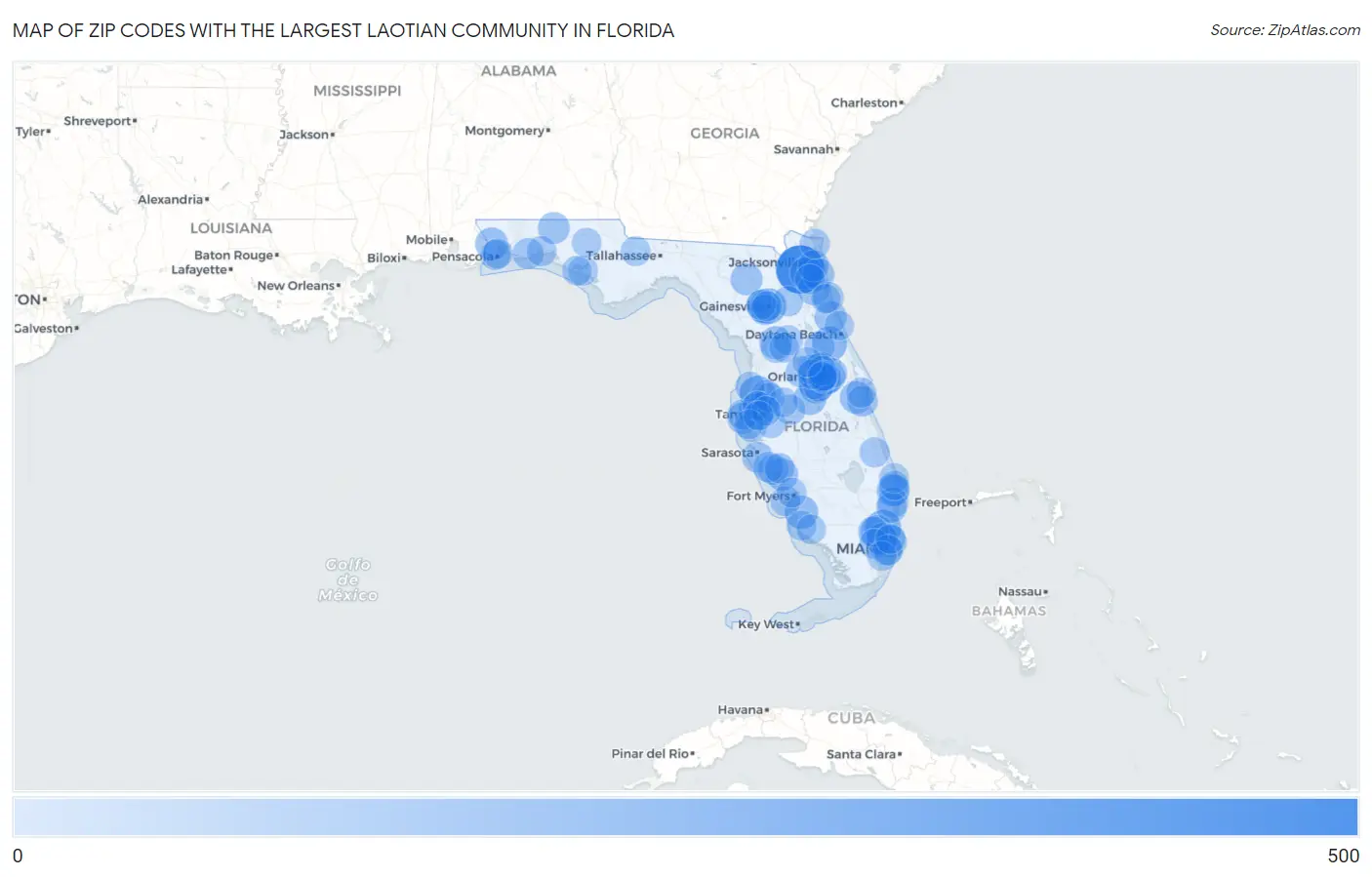 Zip Codes with the Largest Laotian Community in Florida Map