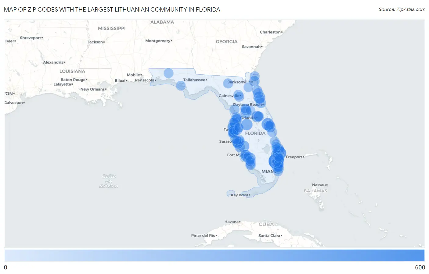 Zip Codes with the Largest Lithuanian Community in Florida Map