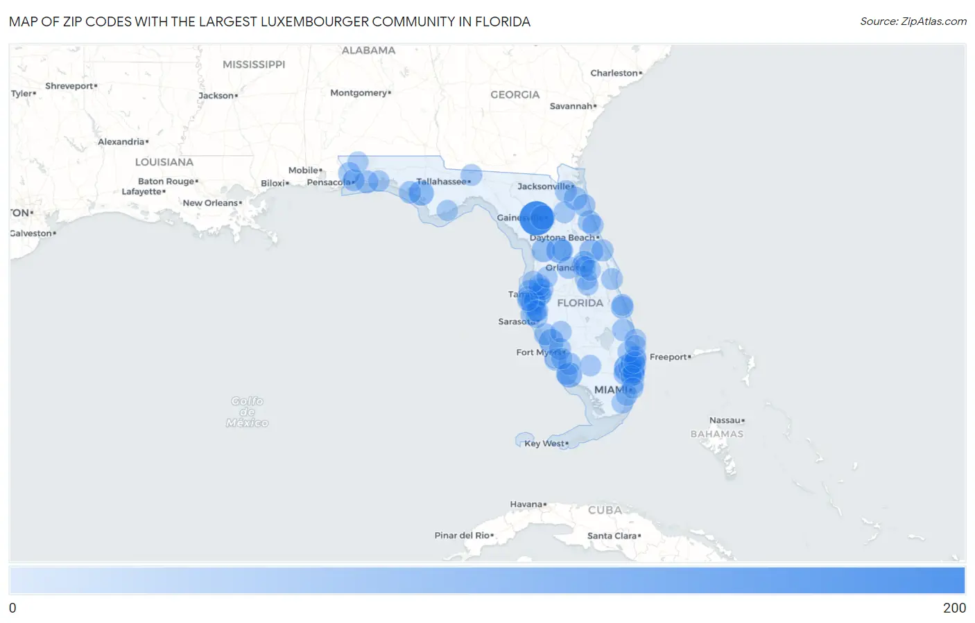 Zip Codes with the Largest Luxembourger Community in Florida Map