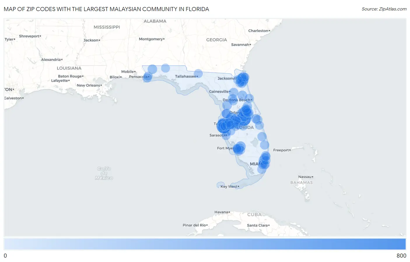 Zip Codes with the Largest Malaysian Community in Florida Map