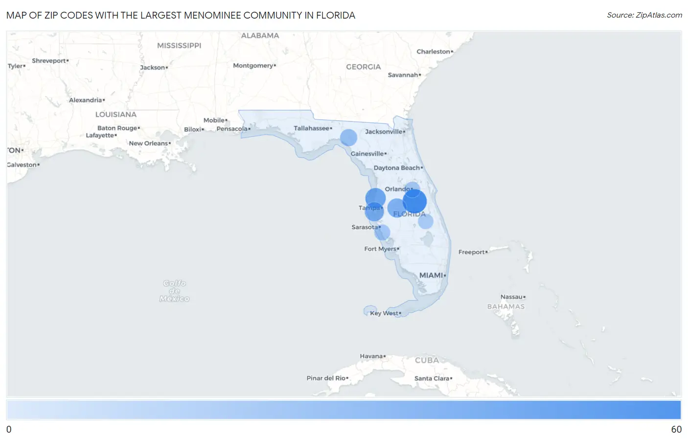 Zip Codes with the Largest Menominee Community in Florida Map