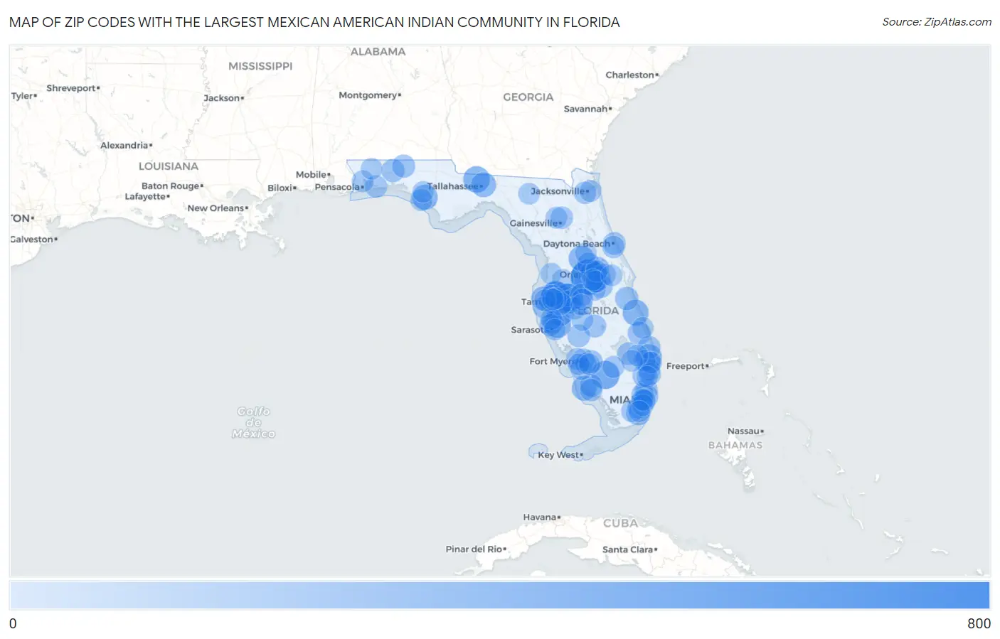 Zip Codes with the Largest Mexican American Indian Community in Florida Map
