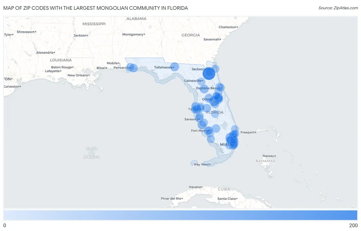 Zip Codes with the Largest Mongolian Community in Florida Map