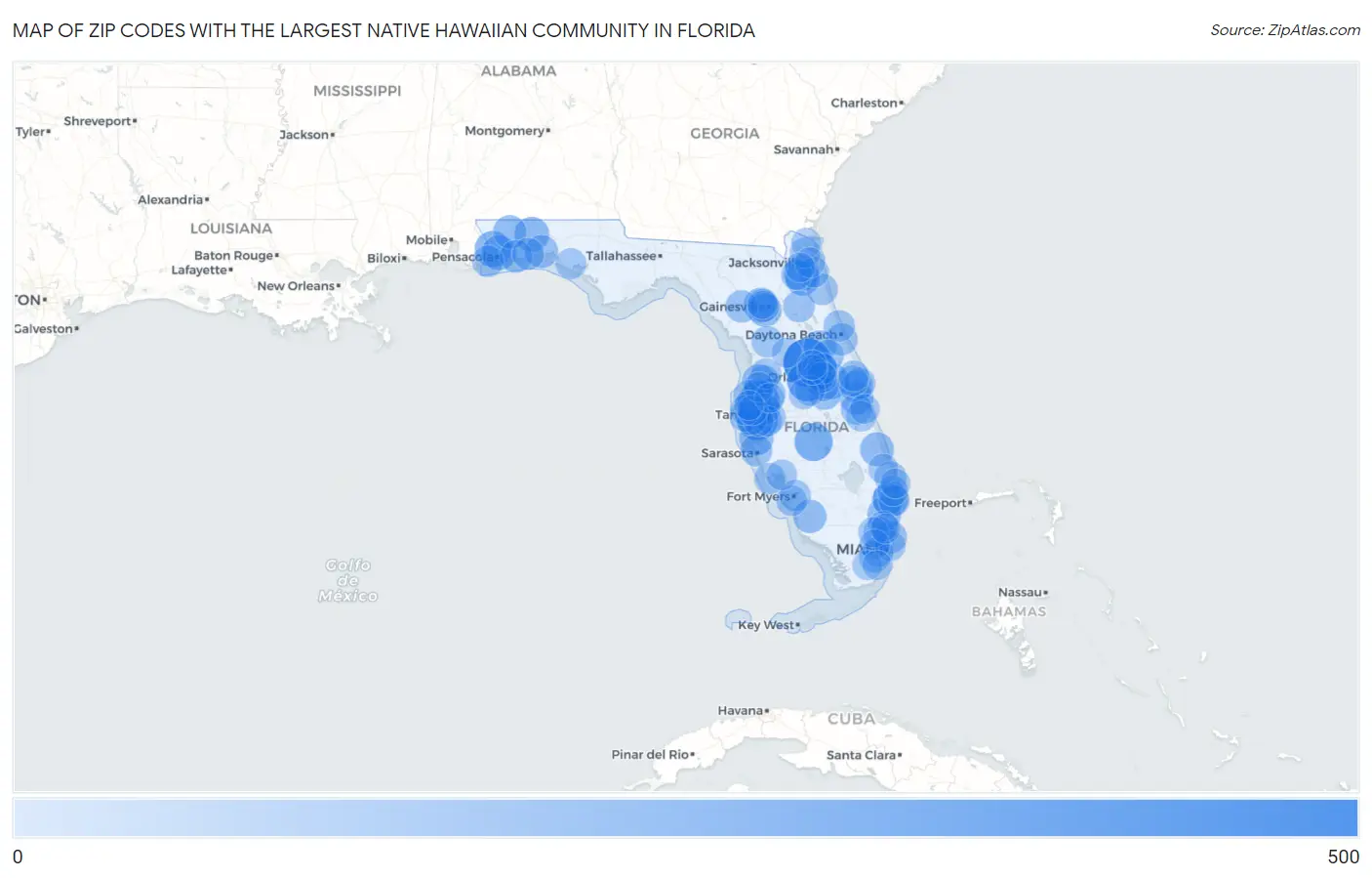 Zip Codes with the Largest Native Hawaiian Community in Florida Map