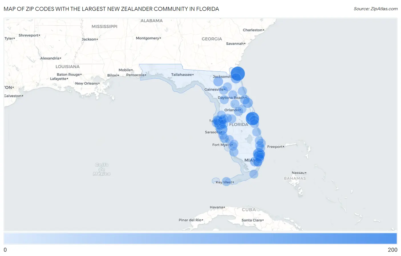 Zip Codes with the Largest New Zealander Community in Florida Map