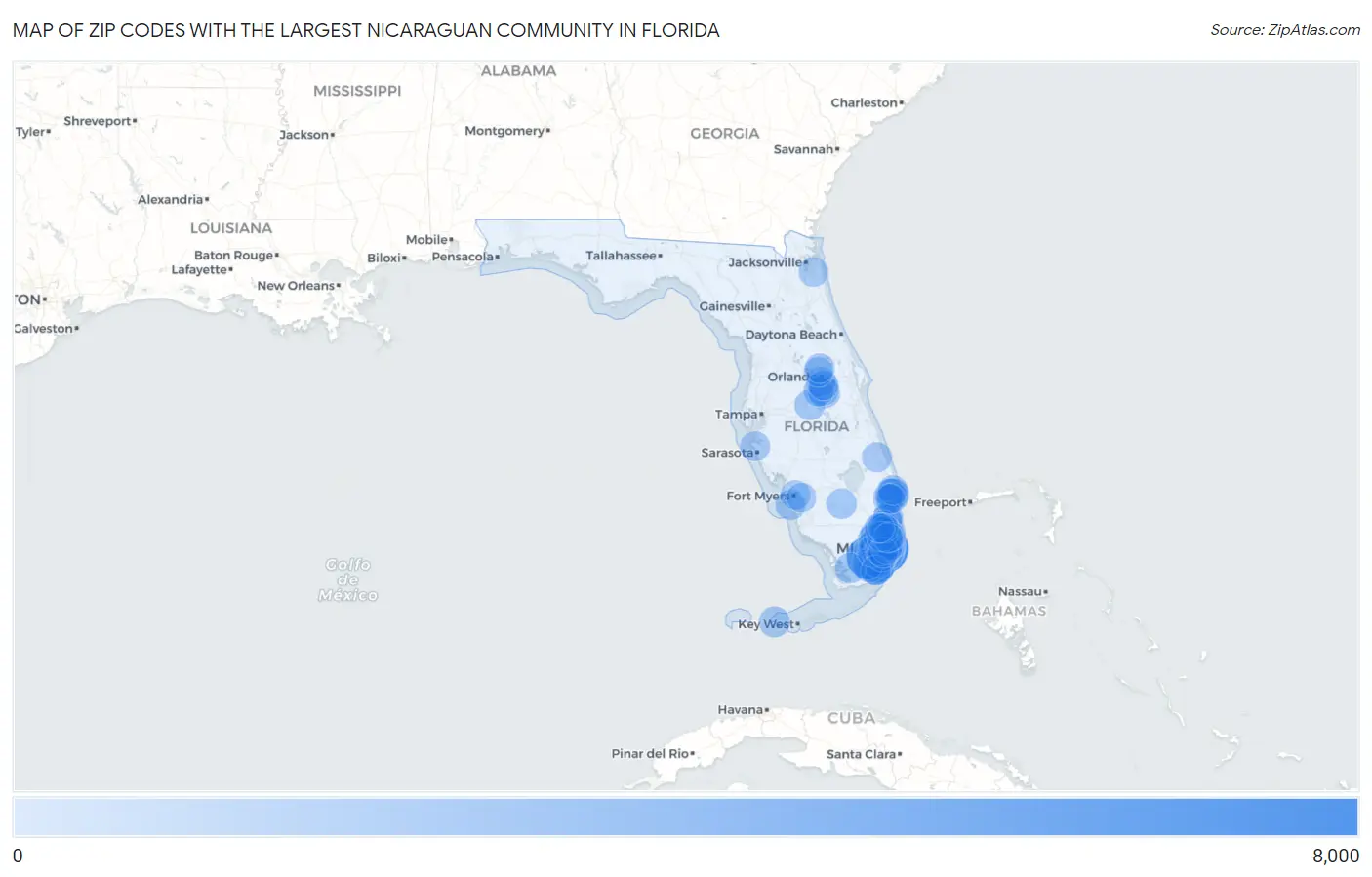 Zip Codes with the Largest Nicaraguan Community in Florida Map