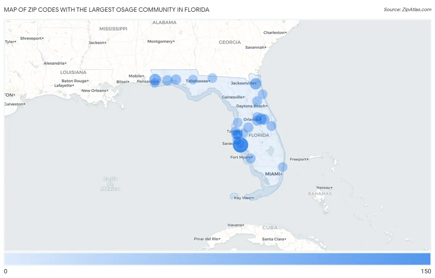 Zip Codes with the Largest Osage Community in Florida Map