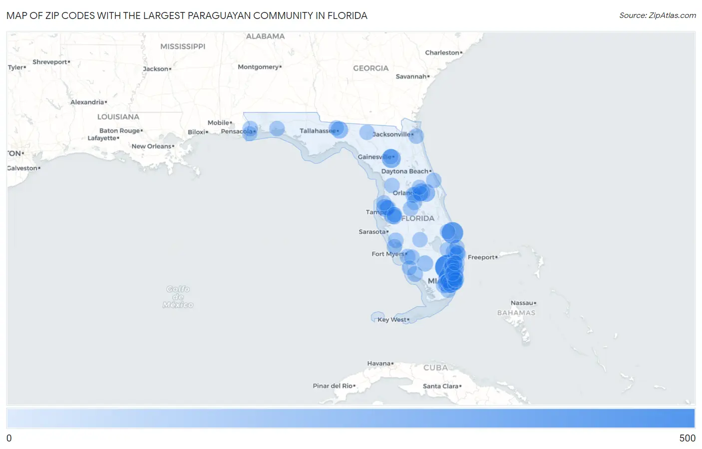Zip Codes with the Largest Paraguayan Community in Florida Map