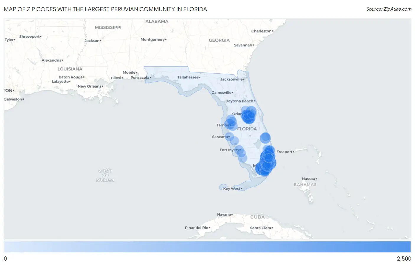 Zip Codes with the Largest Peruvian Community in Florida Map