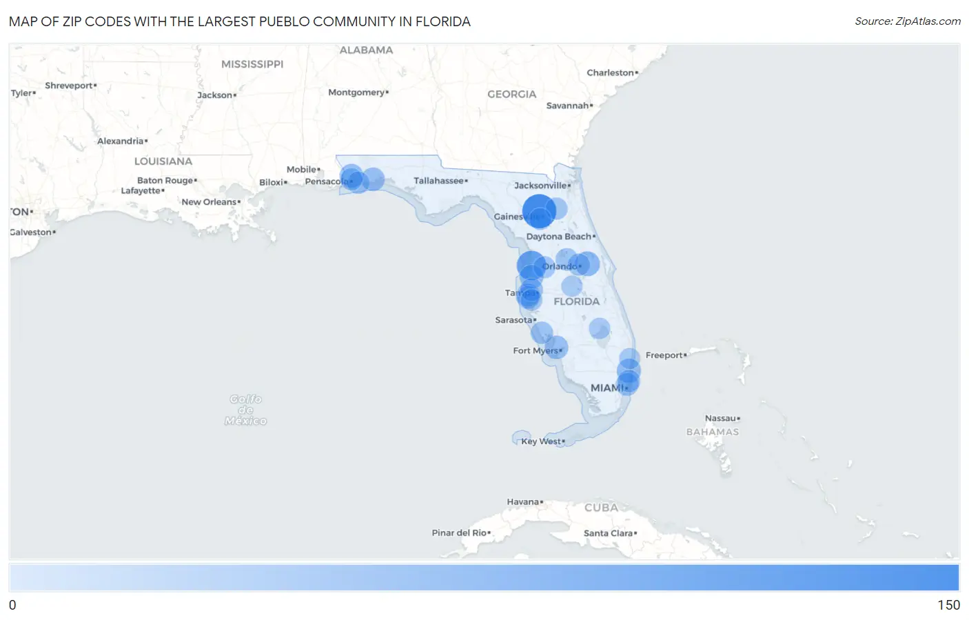 Zip Codes with the Largest Pueblo Community in Florida Map
