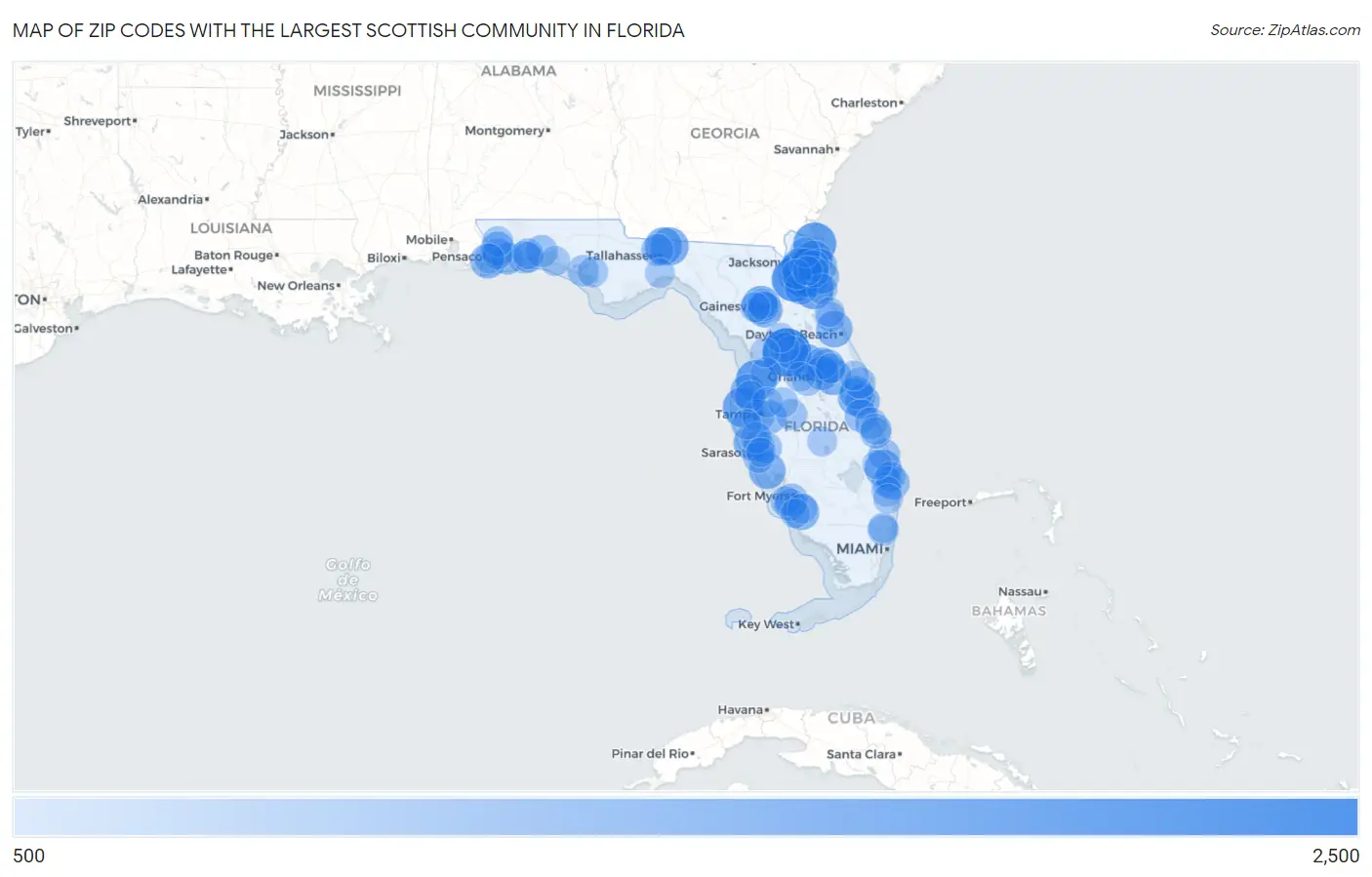 Zip Codes with the Largest Scottish Community in Florida Map