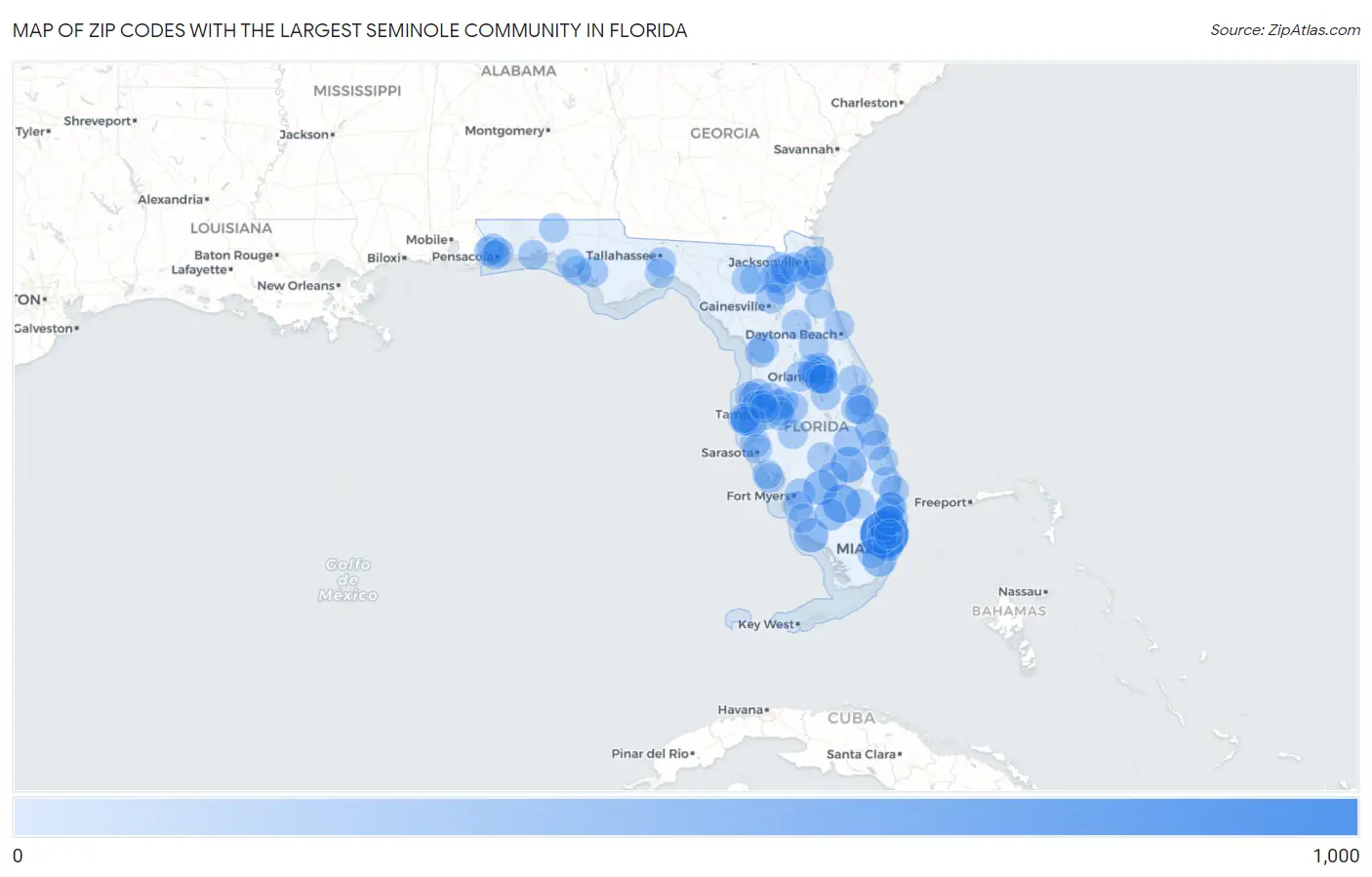 Zip Codes with the Largest Seminole Community in Florida Map