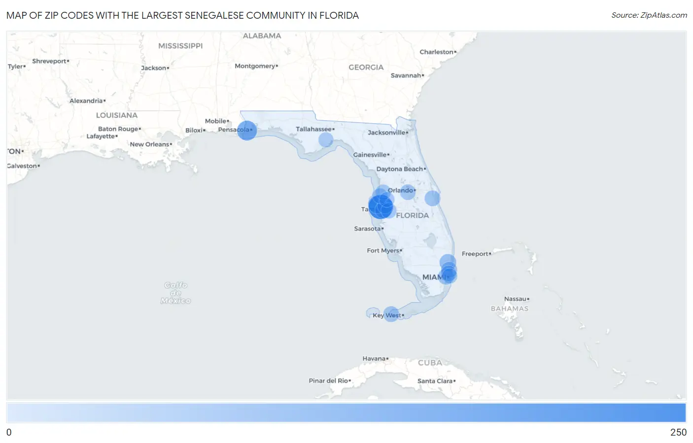 Zip Codes with the Largest Senegalese Community in Florida Map