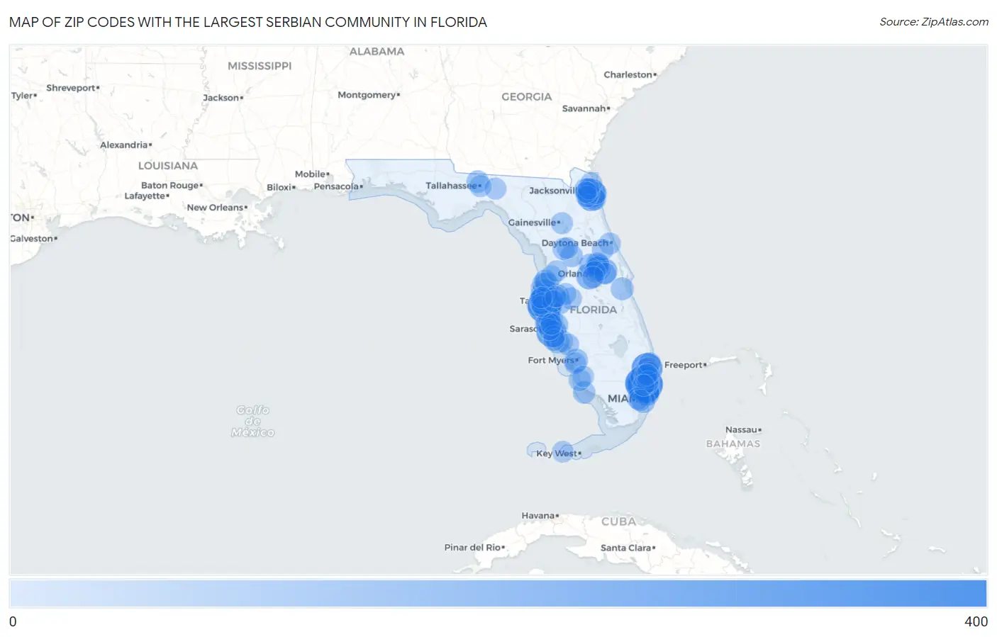 Zip Codes with the Largest Serbian Community in Florida Map