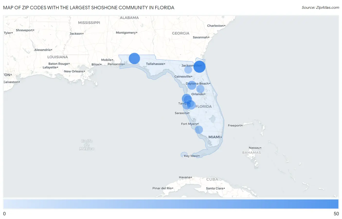 Zip Codes with the Largest Shoshone Community in Florida Map